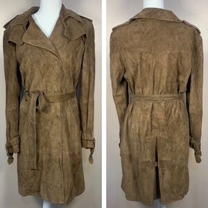 Talbots Brown Soft Suede Belted Trench Coat Snap Buttons Double Breasted Sz 12